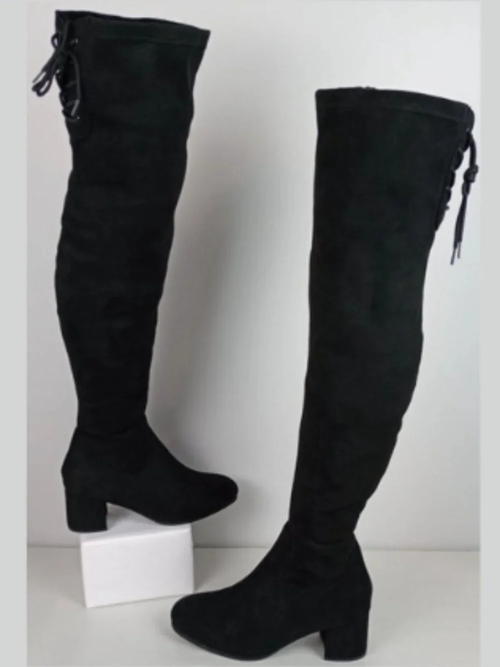Dream Pairs Womens 9 Black Thigh High Block Heel Zipper Lace up Suede‎ Boots